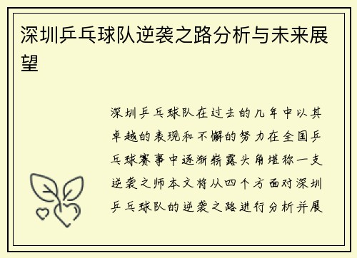 深圳乒乓球队逆袭之路分析与未来展望